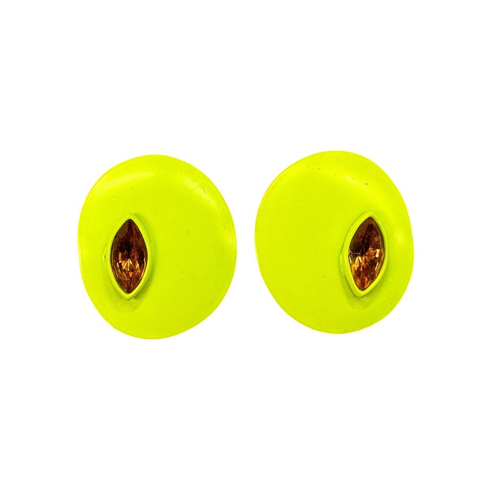Vintage Artisan Neon Yellow Metal with Crystal Stud Earrings